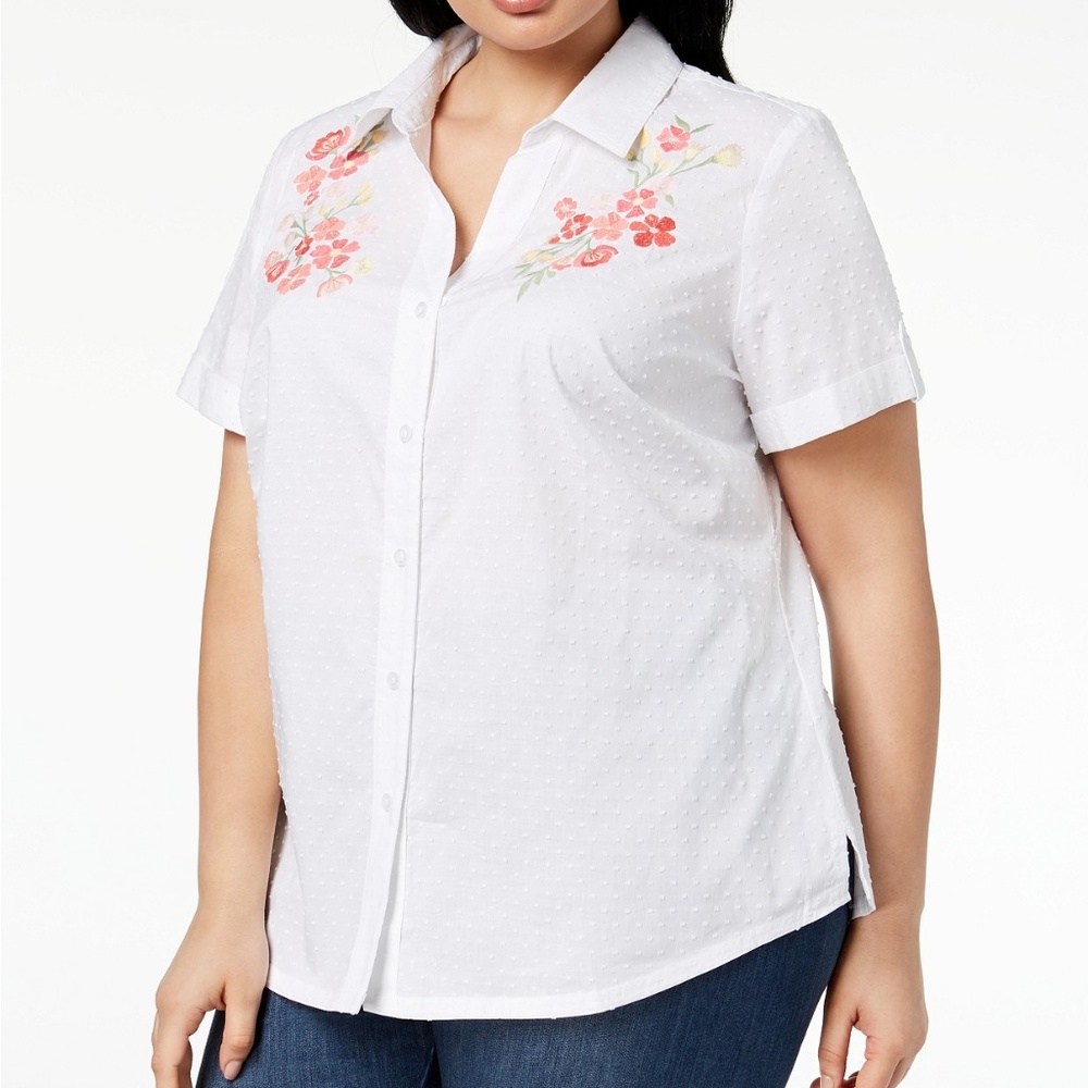 KarenScott Plus Size Embroidered Swiss Dot Shirt